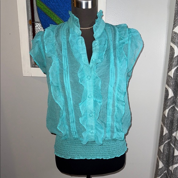 XXI Forever 21 Vintage Smocked Waist Y2K Flutter Sleeve Blouse SZ Small - Picture 2 of 7